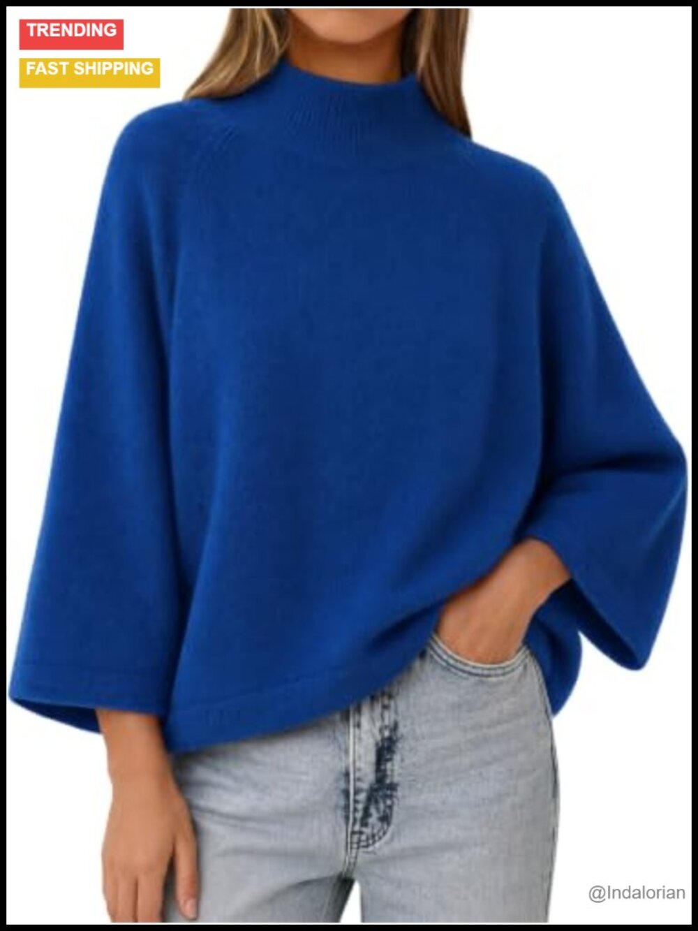 Womens 3/4 Bell Sleeve Mock Neck Oversized Knit Sweater Pullover